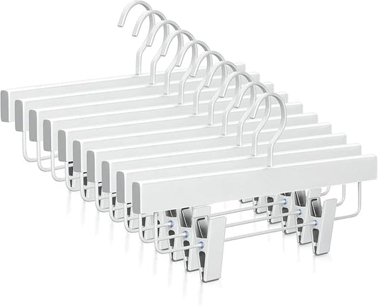 TOPIA HANGER All White Wooden Pants Hangers, Wood Skirt Hangers with Clips, Deluxe Hanger with 360° Swivel Anti-Rust Flat Hook, Smooth Finish Wood for Slacks Trousers Hanger 20 Pack -CT03W