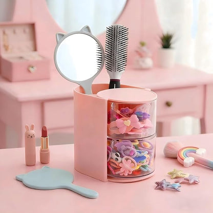 Luscinia Hair Accessories Organizer with Hair Brush Holder, Rotatable Makeup Brush and Jewelry Storage Box for Hair Clips, Earrings, Necklaces, Bracelets, Rings, and Daily Accessories (Pink, 2-Layer)