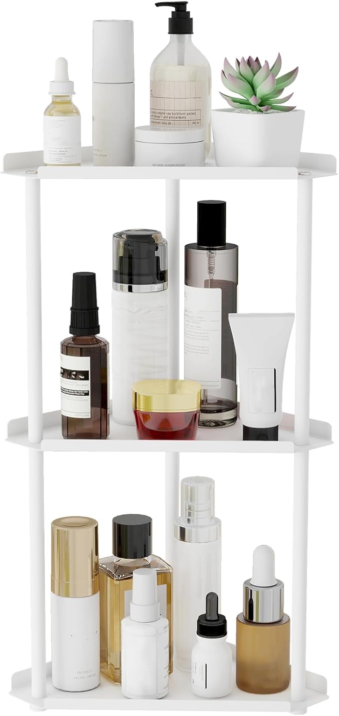 Jesginboo 3 Tier Bathroom Counter Organizer, Vanity Organizer Corner Shelf, Skincare, Makeup Countertop Organizers, Kitchen, Bathroom Counter Storage, White