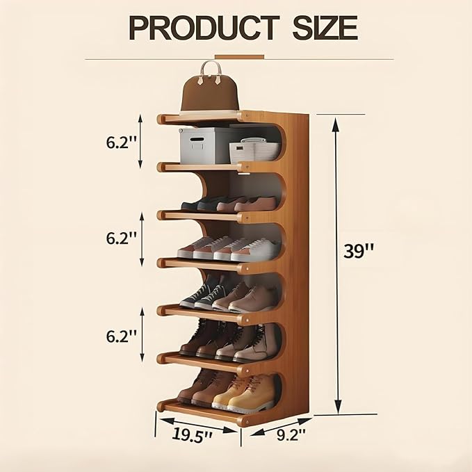 39" Bamboo Shoe Rack - Vertical Shoe Organizer Rack for Small Space, Narrow Shoe Tower for Closet, Entryway, Corner, Tall Shoe Shelf with Removable Shelves, Flexible Storage Shelf for Saving Space