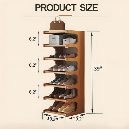 39" Bamboo Shoe Rack - Vertical Shoe Organizer Rack for Small Space, Narrow Shoe Tower for Closet, Entryway, Corner, Tall Shoe Shelf with Removable Shelves, Flexible Storage Shelf for Saving Space