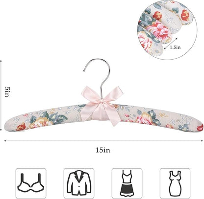 Decorative Padded Clothes Hangers, Floral Pattern with Satin Bow, Set of 5 (Rose)