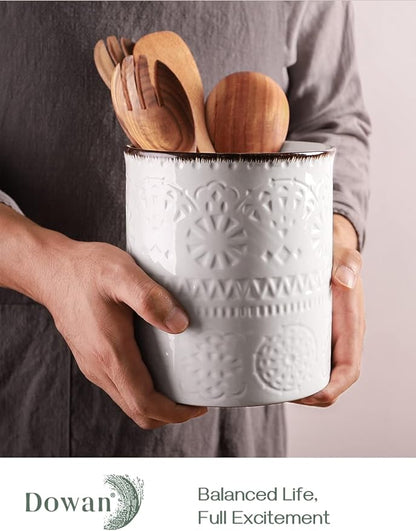 DOWAN 7.2" Kitchen Utensil Holder, Extra Large Farmhouse Utensil Holders for Countertop, Ceramic Utensil Crock, Anti Slip Cork Bottom