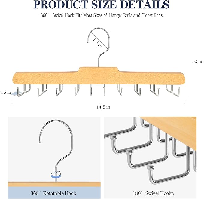Tie Rack Hanger for Closet Fitnice Upgraded Non Slip Tie Holder Organizer Space Saving with 20 Foldable Hooks Wooden Belt Hanger for Tank Tops Bras Cami Scarves
