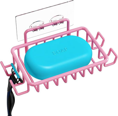 Nieifi Bar Soap Holder for Shower Wall with 4 Hooks, Stainless Steel Adhesive Soap Dish for Bathroom, Pink
