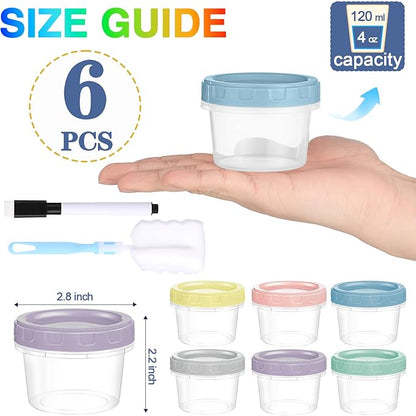 Yomarket 6pcs 4 oz Plastic Containers with Screw Lids, Reusable 1/2 Cup Small Food Storage Containers, Leakproof, Microwave Dishwasher Freezer Safe, with Pen and Brush