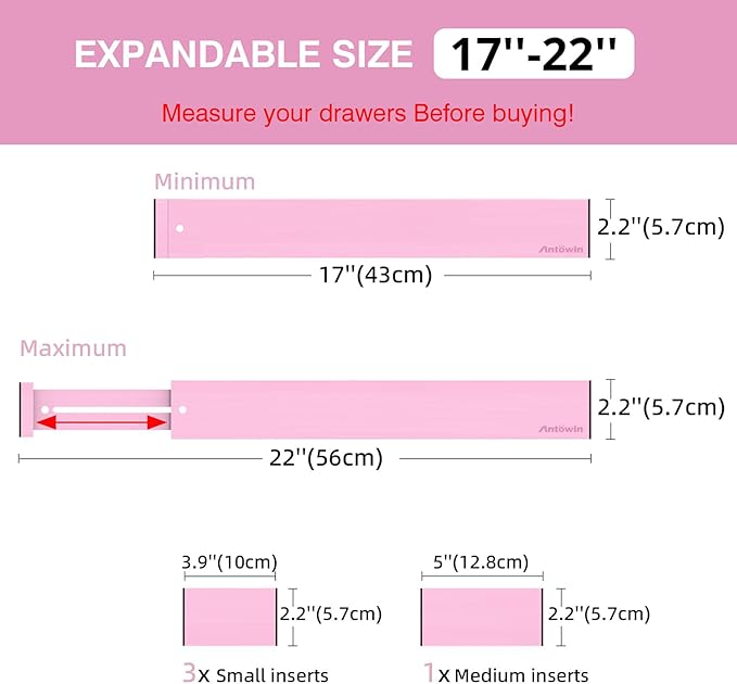 ANTOWIN Expandable Bamboo Drawer Dividers Organizers, Drawer Separators Splitter, 17-22 inches Long Adjustable Spring-loaded Organizer for Large Utensil, Clothes, Tools(Pink)