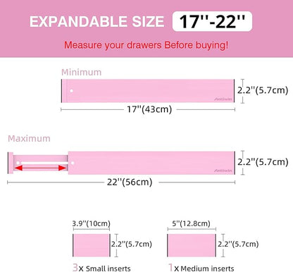 ANTOWIN Expandable Bamboo Drawer Dividers Organizers, Drawer Separators Splitter, 17-22 inches Long Adjustable Spring-loaded Organizer for Large Utensil, Clothes, Tools(Pink)