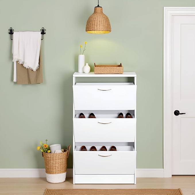Karl home Narrow Shoe Cabinet for Entryway, Freestanding Shoe Rack with 3 Flip Drawers Doors, Adjustable Tipping Wood Hidden Storage Organizer for Hallway Apartment Foyer, White