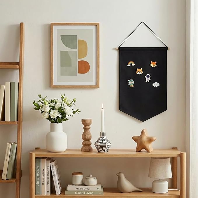 3 PCS Canvas Banner Blank with Wooden Dowel, Canvas Banners Wall Hanging Brooch Jewelry Badges Display, Enamel Pin Holder Display for Buttons Earrings (Black, Small)