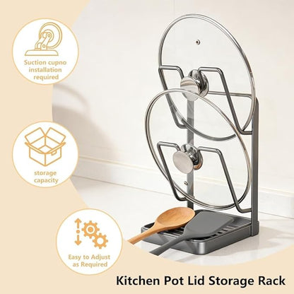 Pot Lid Organizer Rack, Kitchen Pot Lid Storage Rack, Carbon Steel 2-Tier Lids Holder with Detachable Drip Tray While Cooking, Pot Lid Holder Countertop, Multifunctional Space-Saving