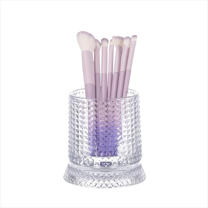DASITON Makeup Brush Holder Organizer, Crystal Cosmetic Brushes Storage Holder Glass Makeup Organizer, 360° Rotating Make Up Brush Cup for Vanity, Dresser, Bathroom, Pen Pencil Holder for Desk (Clear)