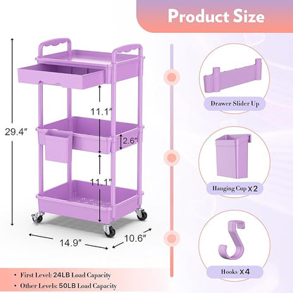 SUNALLY Makeup Cart Organizer with Drawers, Floor Skincare Organizers Vanity Storage Organizer, Rolling Makeup Bathroom Storage Cart Cosmetics Display Cases for Skin Care Perfume Nail Polish, Purple