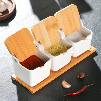 Ceramic Seasoning Jars Spice Containers with Lids, Flip Top Condiment Spice Food Storage Containers - Perfect Sugar Bowl, for Bowl, Chili, Spices, 9.4 Ounces, Set of 3 Jars, for Kitchen, Counter