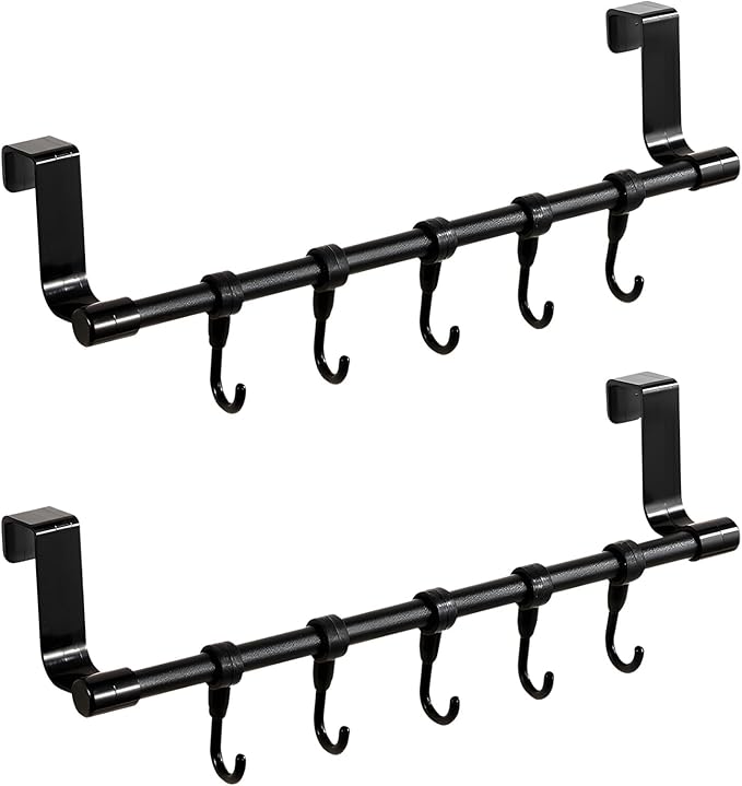 INCREWAY 2Sets Towel Holder, Over The Cabinet Door Towel Rack with Hooks, No-Installation Organizer for Kitchen Towels and Utensils on Bathroom Pantry Doors (Black)