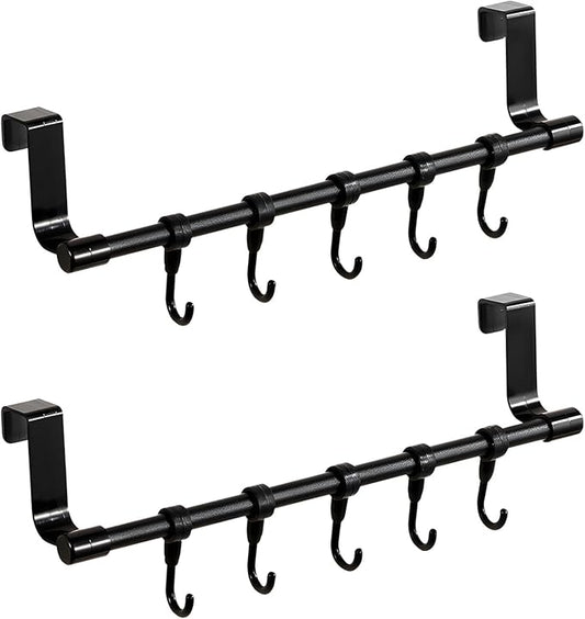 INCREWAY 2Sets Towel Holder, Over The Cabinet Door Towel Rack with Hooks, No-Installation Organizer for Kitchen Towels and Utensils on Bathroom Pantry Doors (Black)