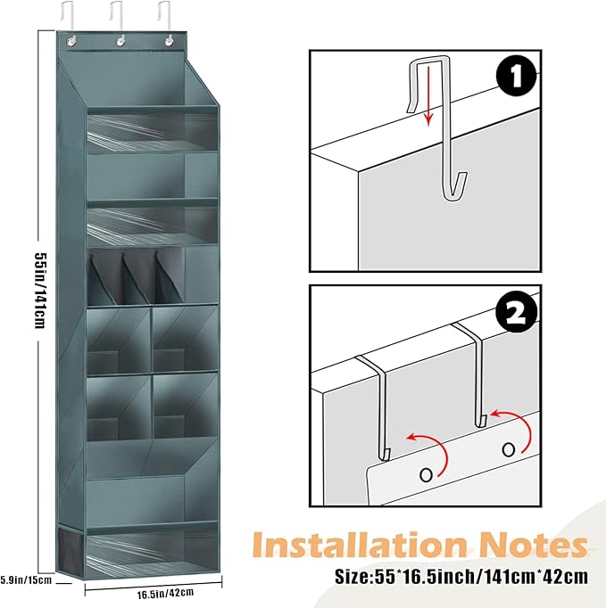 Over the Door Organizer with 6 Tiers & 11 Pockets – Multi-Purpose Hanging Door Organizer with Clear Pockets, Heavy Duty Space-Saving Closet Storage, Fits Shoes Hats Bags, Tool-Free Installation, Grey