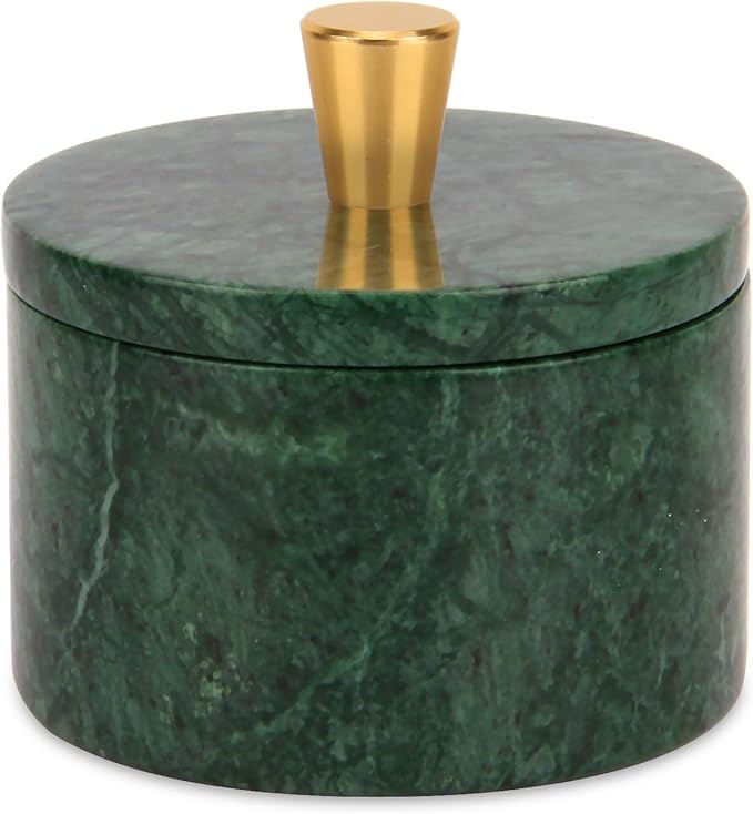 Marble Salt Cellar with Lid, 4 inch Natural Stone Salt Pepper Box, Alloy Lid for Kitchen Countertop Storage (Blackish Green, 4 * 3.5)