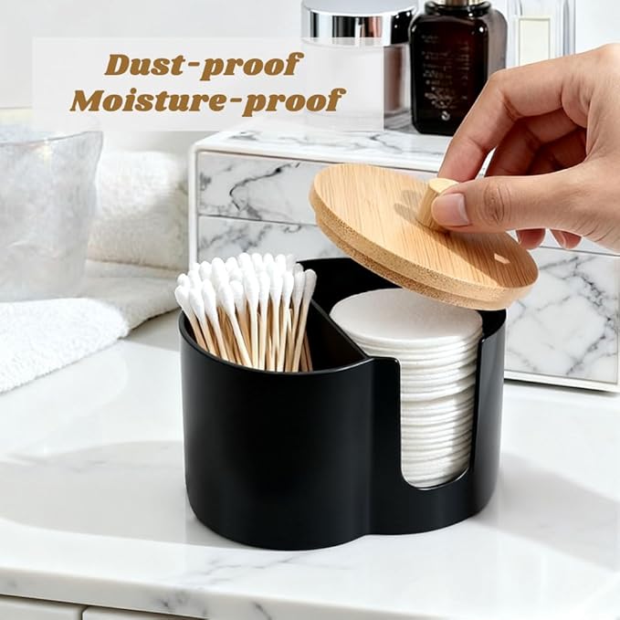 2- Grid Q-tip Holder for Bathroom, Cotton Swab Holder with Removable Dustproof Lid for Cotton Swabs, Rounds, Balls(COLOR:Black)