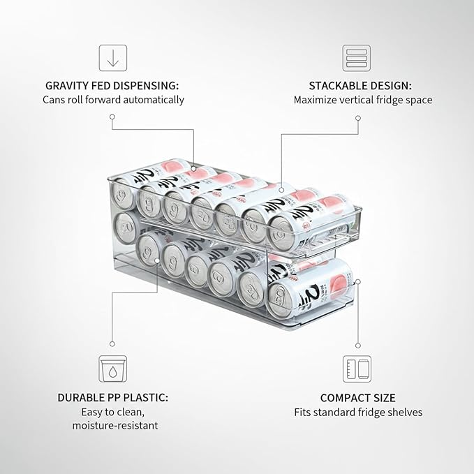 Stacking Can Dispenser, Gravity Fed Beverage Organizer Rack for Refrigerator, Clear PP Plastic Storage for Soda Cans and Bottles