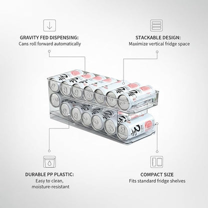 Stacking Can Dispenser, Gravity Fed Beverage Organizer Rack for Refrigerator, Clear PP Plastic Storage for Soda Cans and Bottles