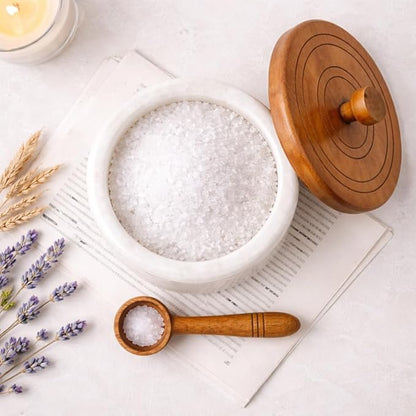 Marble salt cellar with lid and spoon, salt container with spoon, salt bowl with acacia wood lid, salt holder for countertop, salt jar - White