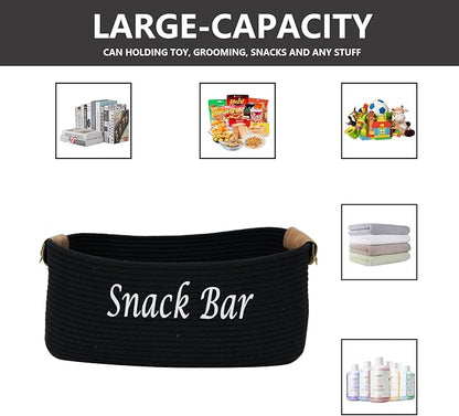 Snack Organizer for Pantry Shelf, Black Cotton Rope Basket with Handles, Snack Bin for Storing Chips, Pretzels, Cookies, Popcorn, Snack Bar Station Kitchen Organization