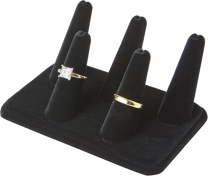Plymor Black Velvet Ring Finger Display, Five on Rectangular Base, 5.25" W x 3.625" D x 2.25" H (Pack of 3)