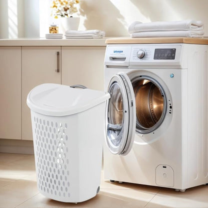 White Wheeled Plastic Laundry Hamper – Adult-Sized Rolling Basket With Handles For Home & Dorms
