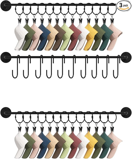 3 Pack Wall Mounted Cap Storage Organizer Baseball Hat Racks Display Holders Hangers with 20 Clips 10 Hooks Entryway Door Bedroom Laundry Kitchen