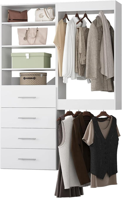 Modular Closet System, 40" Wide Closet Organizer System with Tower and Drawers, Wood Tower Closet Storage for Walk In Closets, Wall Mounted Wardrobe Organizer Kit System, Bedroom, White