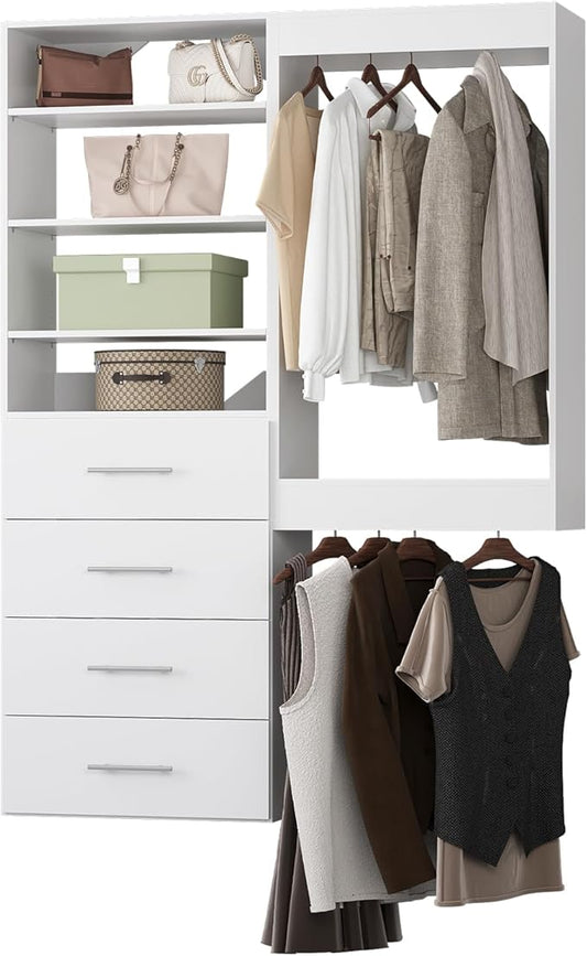 Modular Closet System, 58" Wide Organizer With Tower and Drawers, Wood Storage for Walk In Closets, Wall Mounted Wardrobe Kit, Bedroom, White