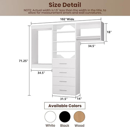 ROOMTEC Modular Closet System, 102" Wall Mounted Closet Organizer with Hanging Rods and Drawers, Modern Wooden Tower for Walk-In Closets, Wardrobe Storage Kit, White