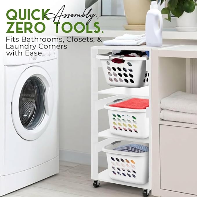 Laundry Basket Holder Shelf – Stackable Engineered Wood Laundry Tower, Tiered Hamper Organizer for Bathroom, Bedroom, Closet (White, 3 Tier)