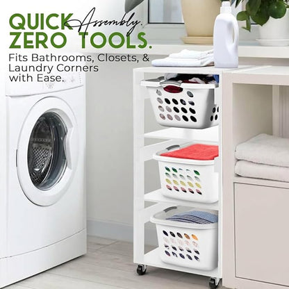 Laundry Basket Holder Shelf – Stackable Engineered Wood Laundry Tower, Tiered Hamper Organizer for Bathroom, Bedroom, Closet (White, 3 Tier)