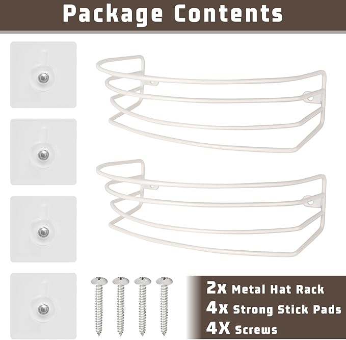 Fikoksol Hat Organizer for Baseball Caps, 2-Pack Beige White Metal Hat Rack for Wall Door, Adhesive/Wall Mounted Hat Storage Holder Small Closet Organizers and Storage Solution Ideas