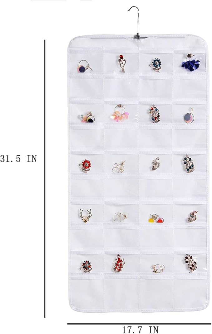 seven wolves Hanging Jewelry Organizer, Double Sided 40 Pockets, Jewelry Organizer, Necklace Holder Jewelry Chain Organizer for Brooch Earrings Necklace Bracelet Ring with Hanger, White