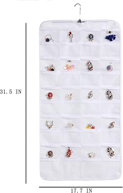 seven wolves Hanging Jewelry Organizer, Double Sided 40 Pockets, Jewelry Organizer, Necklace Holder Jewelry Chain Organizer for Brooch Earrings Necklace Bracelet Ring with Hanger, White