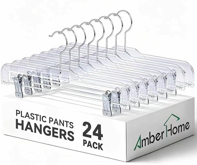 Amber Home 24 Pack Clear Plastic Pants Hangers, Skirt Hangers with 2 Adjustable Clips for Jeans, Slacks & Shorts, Crystal Clear Clothes Hangers with 360° Swivel Hook