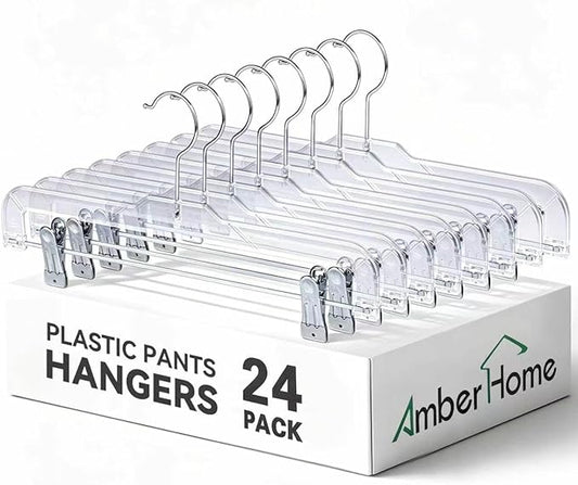 Amber Home 24 Pack Clear Plastic Pants Hangers, Skirt Hangers with 2 Adjustable Clips for Jeans, Slacks & Shorts, Crystal Clear Clothes Hangers with 360° Swivel Hook