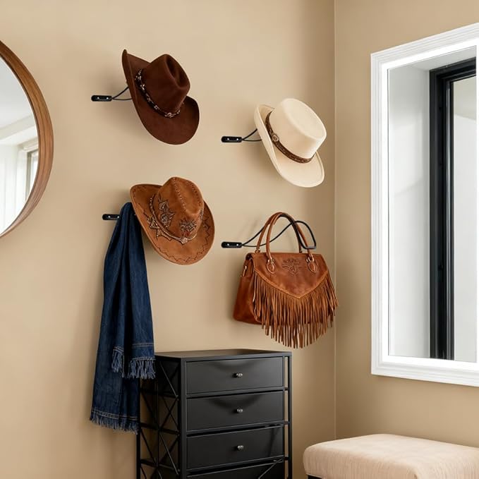 4 Pack Cowboy Hat Rack for Wall, Wall Mount Metal Hats Organizer Storage for Cowboy Hat, Fedora, Sun Hats,Wide Brim