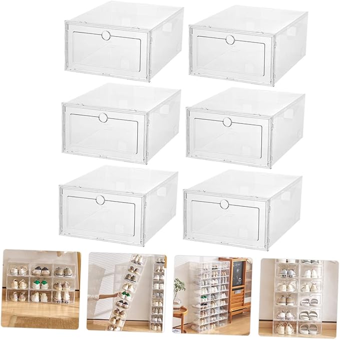 Cabilock 6Pcs Transparent Shoe Storage Boxes Thickened Plastic Containers with Front Opening Drawer Design for Dustproof Shoe Organization Large Capacity for Home Dorm Bedroom Use