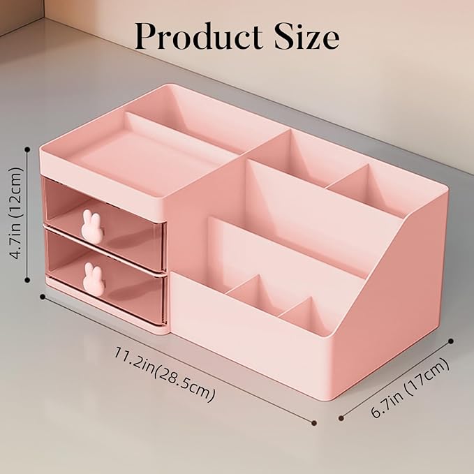 Makeup Organizer, Cosmetic Desk Storage Box with Drawers Skincare Organizers for Dressing Table, Countertop, Bathroom Counter, Vanity Holder for Brushes, Lotions, Lipstick, Perfume (Pink-Clear)