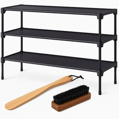 3-Tier Stackable Shoe Rack Organizer - Heavy Duty Metal & Fabric Shoe Shelf for Closet, Entryway, and Mudroom - Space Saving Shoe Storage Bench for Sneakers & Boots