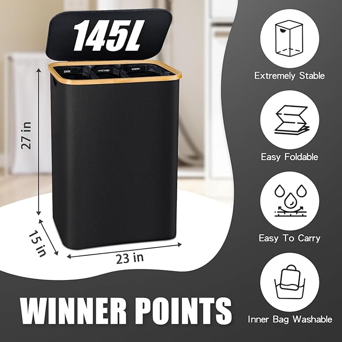 Hampers for Laundry Basket with Lid, 145L Extra Large 3 Section Clothes Divided Organizer for Bedroom, Laundry Room, Dirty Clothing Hamper, Black