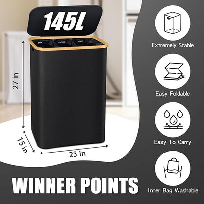 Hampers for Laundry Basket with Lid, 145L Extra Large 3 Section Clothes Divided Organizer for Bedroom, Laundry Room, Dirty Clothing Hamper, Black