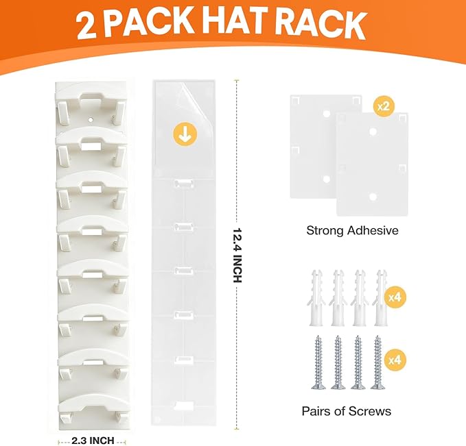 2 Pack Hat Organizer for Baseball Caps, Hat Rack for Wall with Strong Adhesive, Wall Mounted Hat Hooks Hold up to 16 Hats for Closet Door and Bedroom (White)