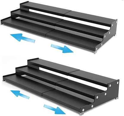 Expandable Spice Rack Storge organizer with 3-Tier step shelf for cabinet,seasoning racks organizion.Great for Kitchen countertop shelves,Pantry and more(2packs/Black)