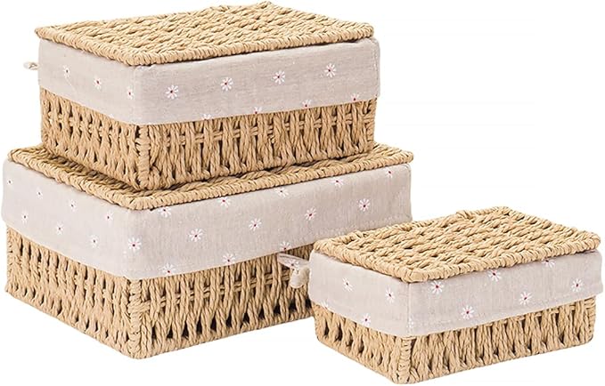 GIB Small Wicker Storage Baskets with Lids and Liner, Rectangular Paper Rope Woven Baskets for Organizing, Decorative Boxes Boho Decor for Shelves Table Desktop Makeup Organizer, Set of 3