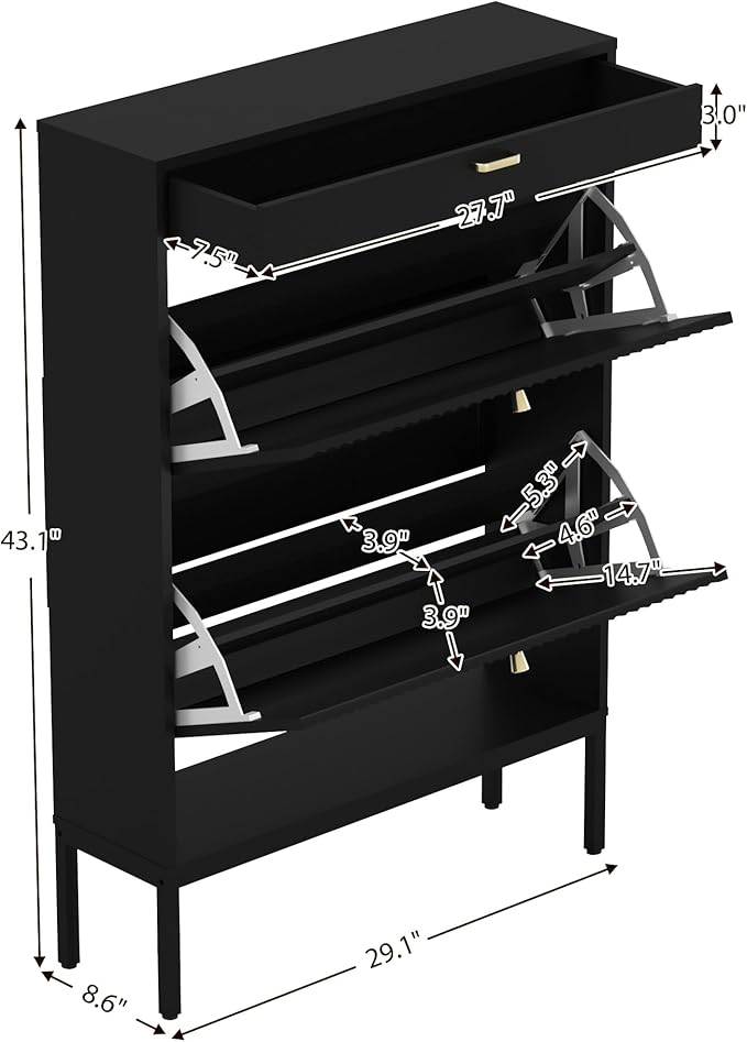 XIAO WEI Shoe Cabinet, Shoe Storage Organizer Cabinet with 2 Flip Wavy Line Drawers, Freestanding Shoe Rack with Adjustable Shelf for Entryway（Black）
